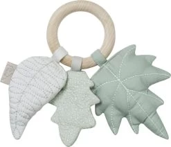Cam Cam Copenhagen Rattle, Leaves W/ Maple Wood Ring - OCS Mix Dusty Green