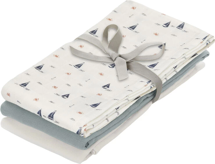 Cam Cam Copenhagen Muslin Cloth, 3-pack - GOTS Mix Sailboats, Petroleum, Creme 3 Cam Cam Copenhagen Muslin Cloth, 3-pack - GOTS Mix Sailboats, Petroleum, Creme